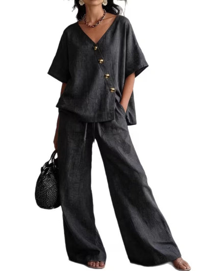 V-Neck Buttoned Top & Drawstring Wide-Leg Pants
