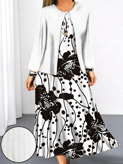 Women's Botanical Print Dress & Tie-Front Cardigan Two-Piece Set