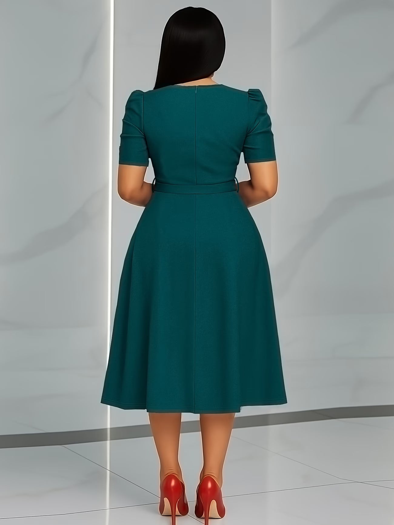 Women's Elegant V-Neck Ruffle Midi Dress with Waist Belt