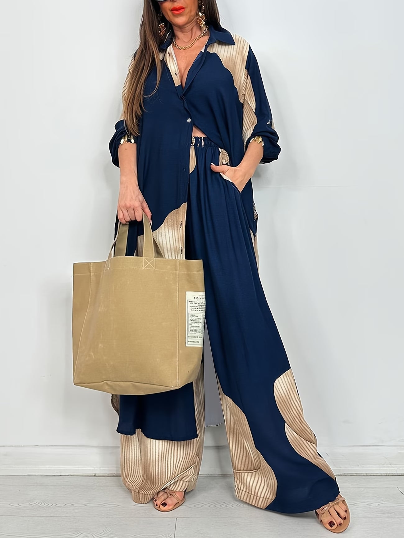 Women's Printed Long Shirt & Relaxed Pants Two-Piece Set