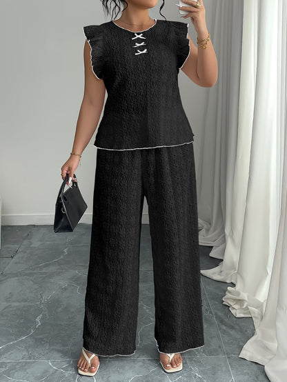 women Round Neck Mushroom Sleeve Top & Straight Pants