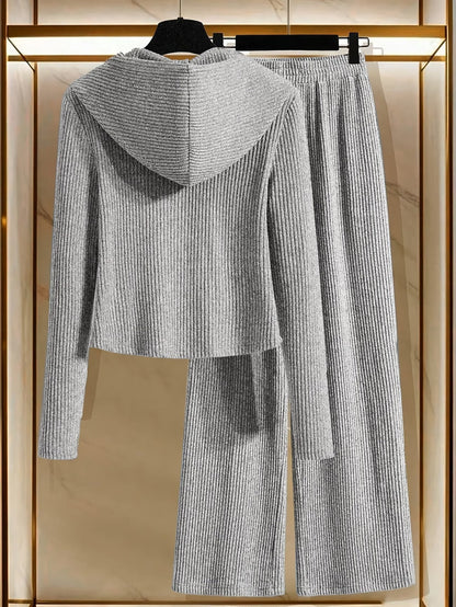 Women’s Hooded Long Sleeve Top & Pants Co-Ord Set – Elegant Solid Color Lounge Wear