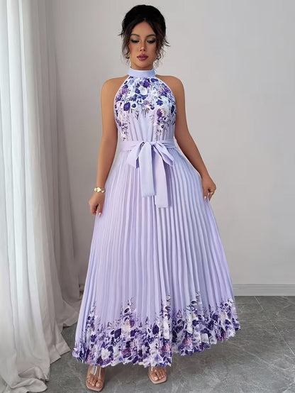Elegant Floral Halter Neck Pleated Dress – Stylish & Comfortable Summer Outfit for Women