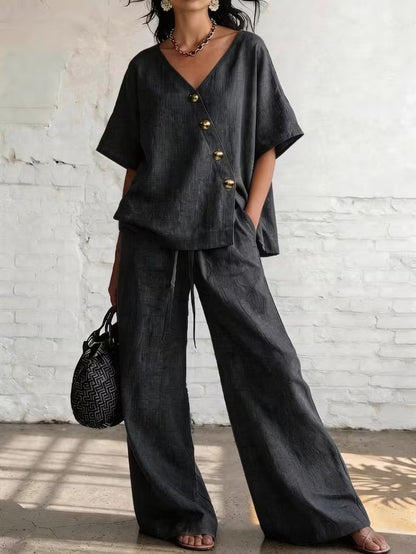 V-Neck Buttoned Top & Drawstring Wide-Leg Pants