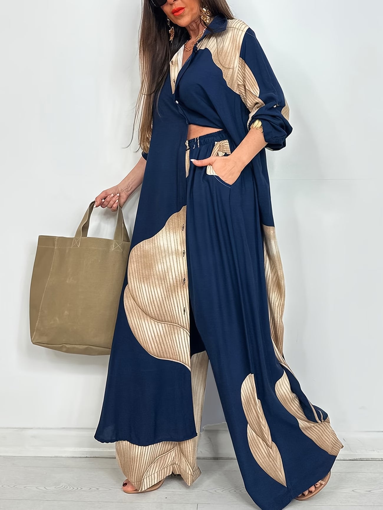 Women's Printed Long Shirt & Relaxed Pants Two-Piece Set