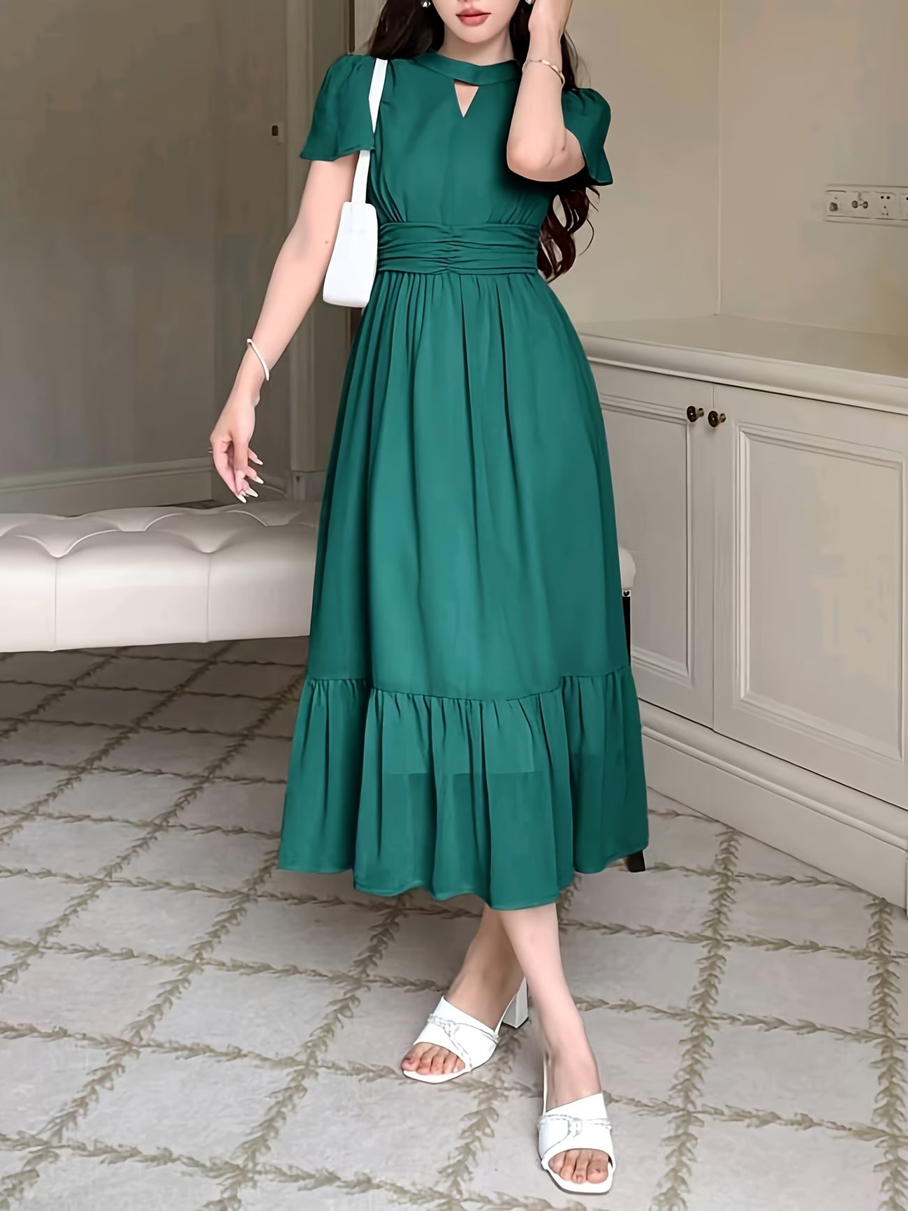 Women's Elegant Pleated Waist Ruffle Hem Maxi Dress