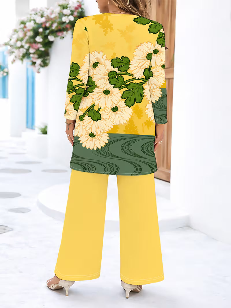 Women’s Long-Sleeve Floral Suit – Light Red Flowers on Gray, Casual & Vacation Wear