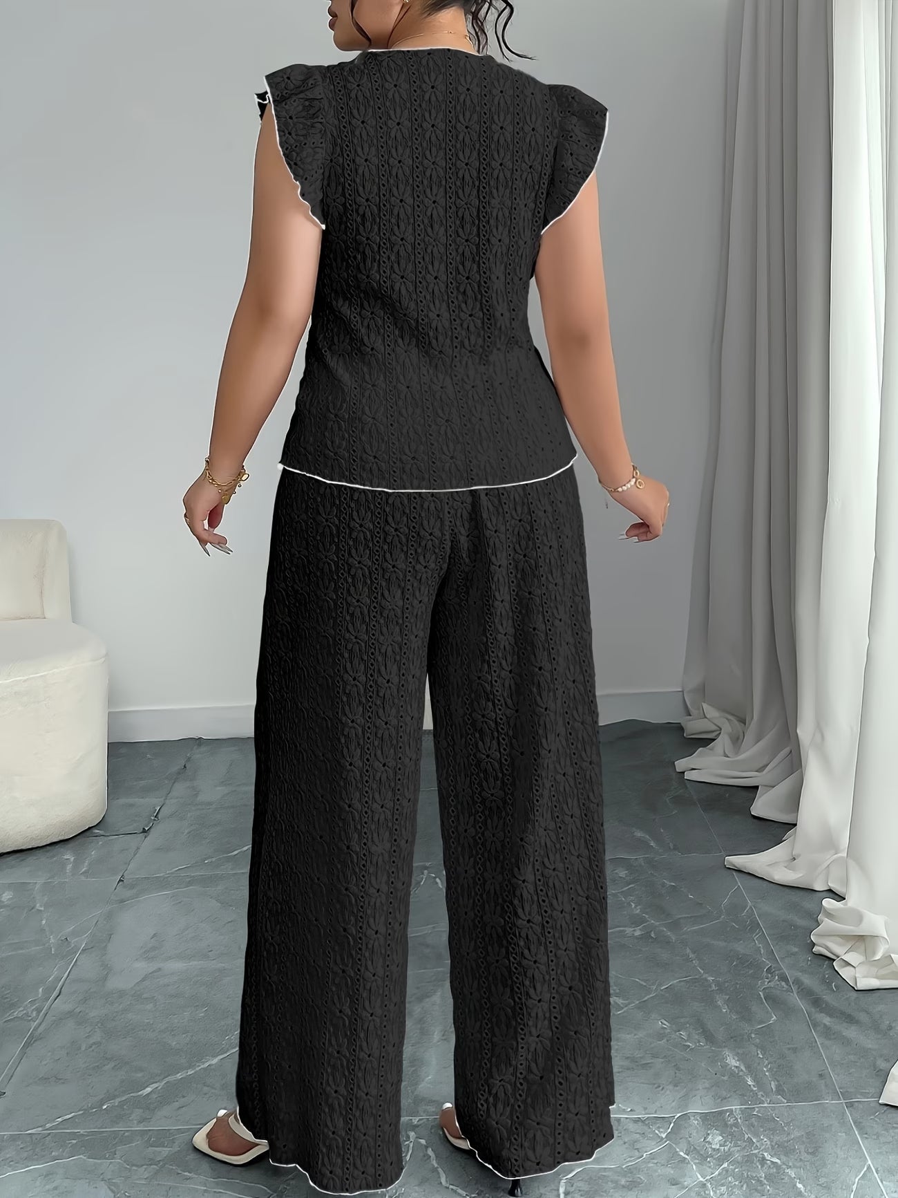 women Round Neck Mushroom Sleeve Top & Straight Pants