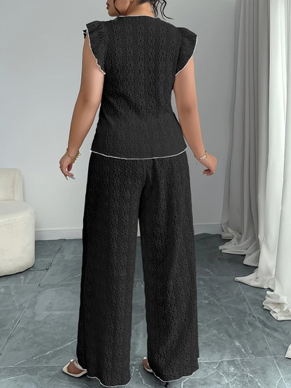 women Round Neck Mushroom Sleeve Top & Straight Pants