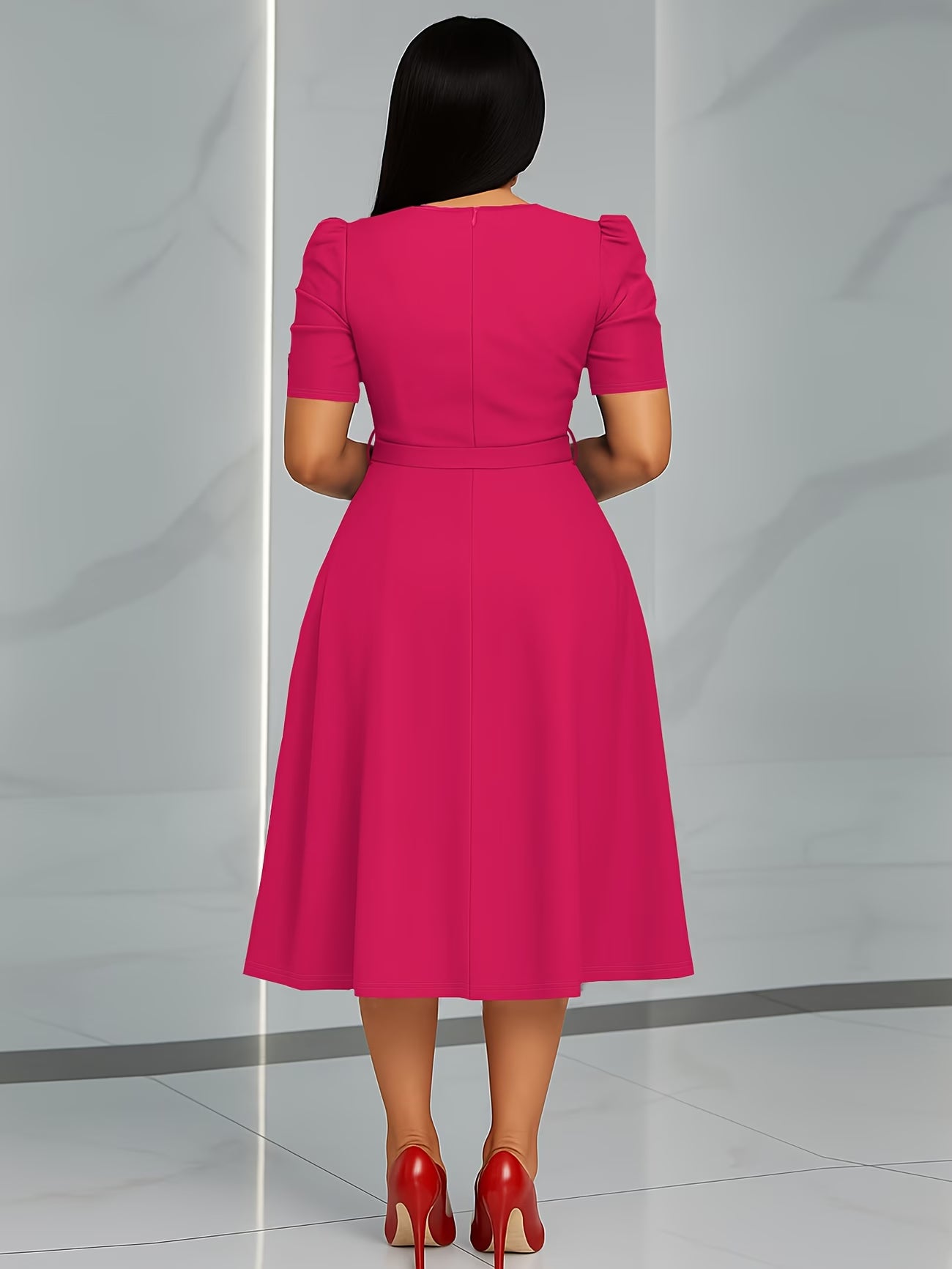 Women's Elegant V-Neck Ruffle Midi Dress with Waist Belt
