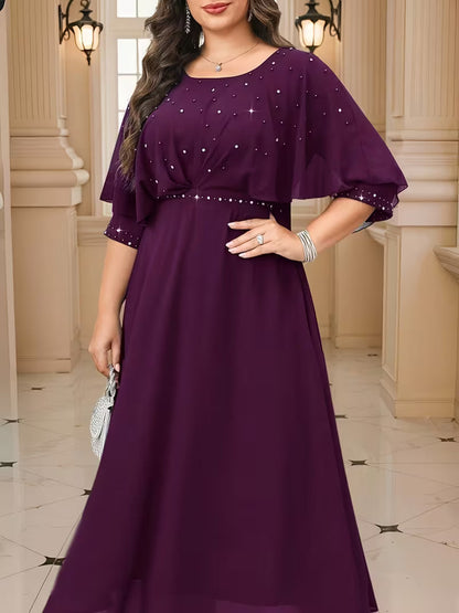 Plus Size Women’s Elegant Rhinestone Collar Dress
