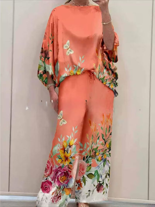 Women’s Plus-Size Casual 2-Piece Set – Off-Shoulder Batwing Top & Printed Pants