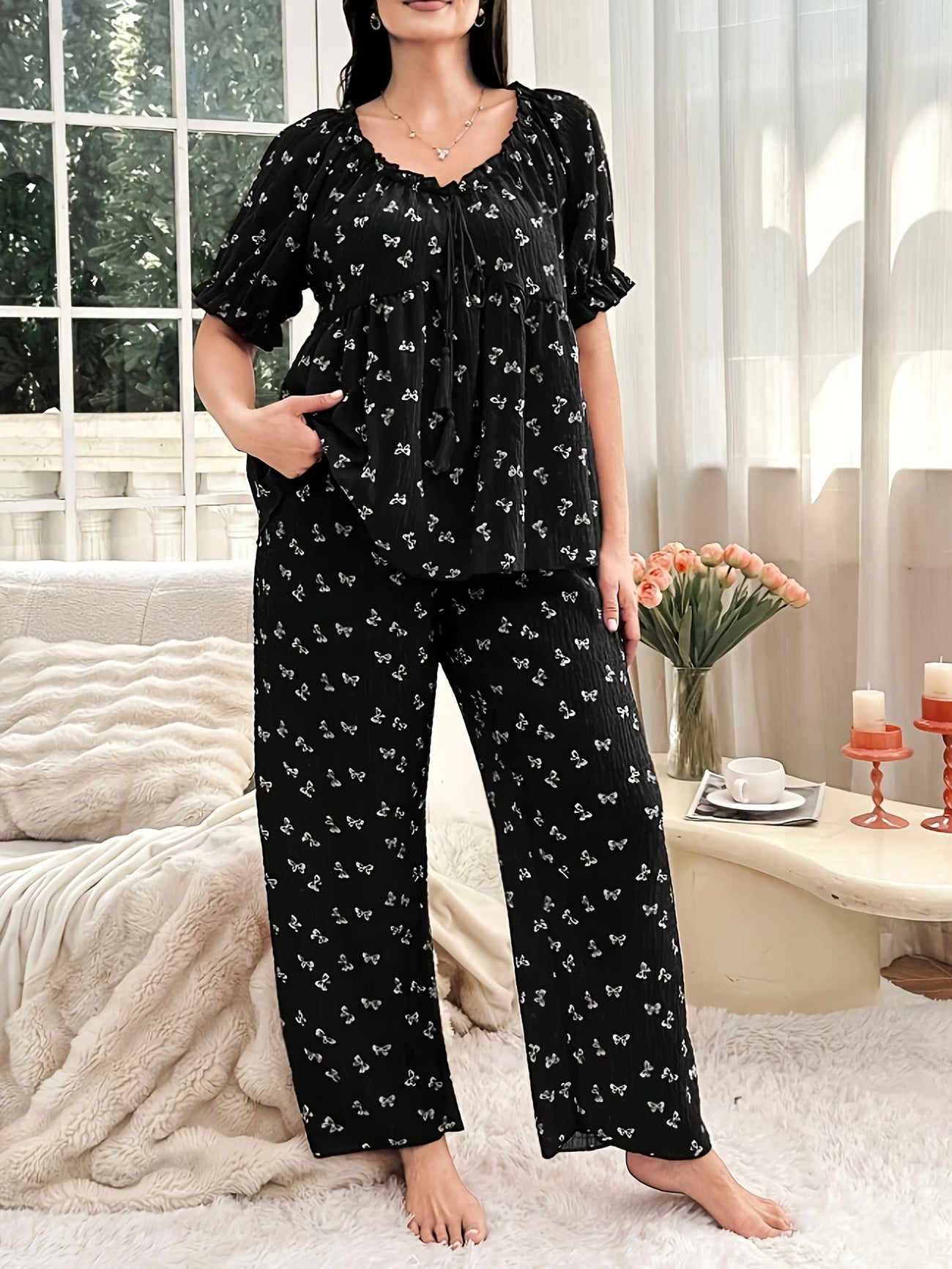 Chic Bow Print Lounge Co-Ord Set