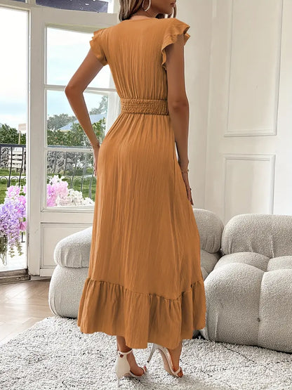 Elegant Ruffle Sleeve Surplice Neck Dress – Space Lightweight & Flattering Summer Style