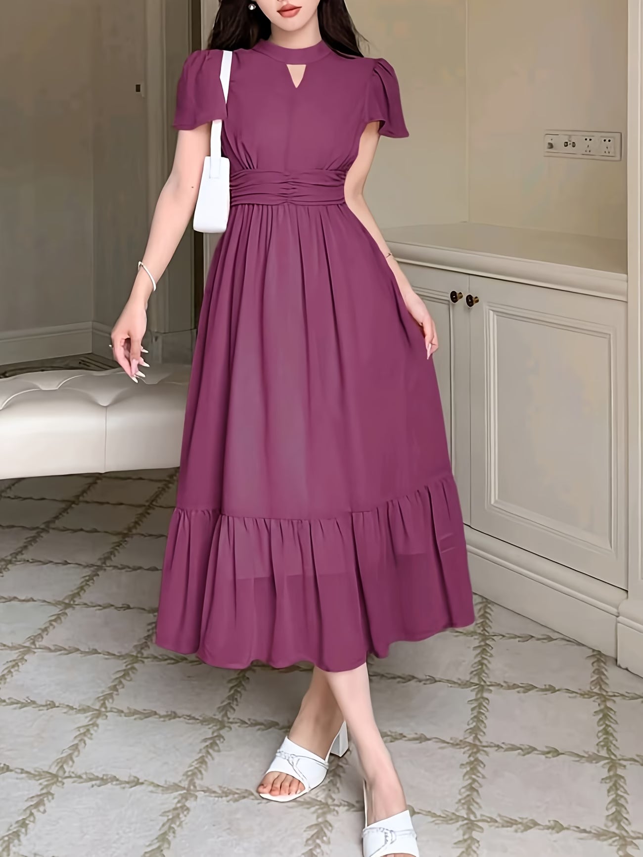 Women's Elegant Pleated Waist Ruffle Hem Maxi Dress