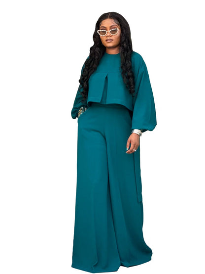 Plus Size Elegant Lantern Sleeve Top & Wide-Leg Pants Set