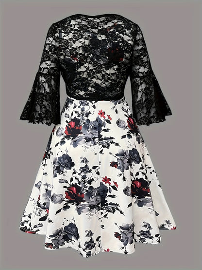 Plus Size Women Elegant Lace Coat & Printed Vest Dress 2-Piece Outfit Set