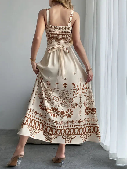 Women's Beige & Brown Floral Maxi Dress – A-Line Spaghetti Strap Beach & Wedding Outfit