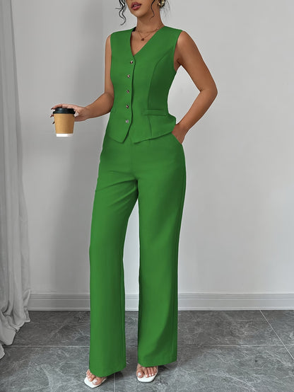 Women's Sleeveless Waist-Cinched Vest & Wide-Leg Pants Two-Piece Set