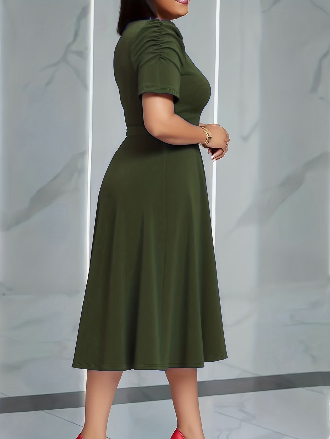 Women's Elegant V-Neck Ruffle Midi Dress with Waist Belt