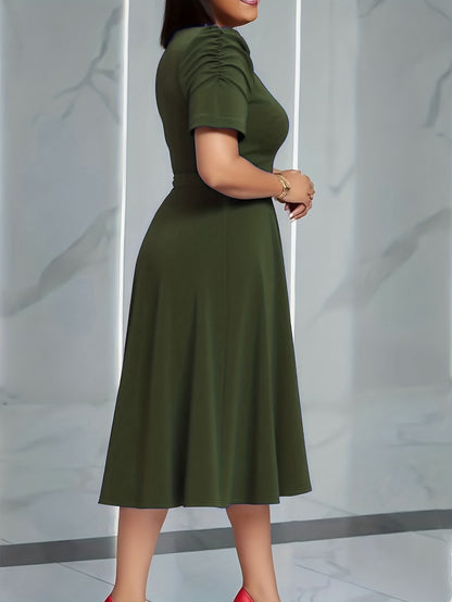 Women's Elegant V-Neck Ruffle Midi Dress with Waist Belt