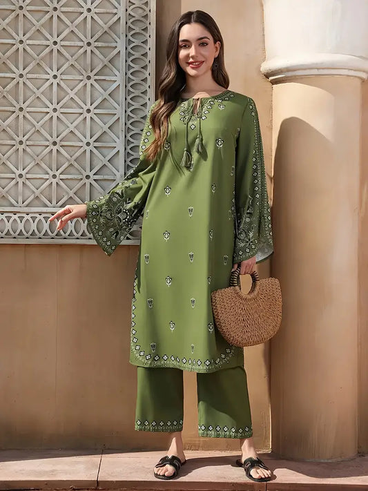 Traditional Green Floral Print Kurtis Set for Women – Long Sleeve Ethnic Dress with Textured Pants