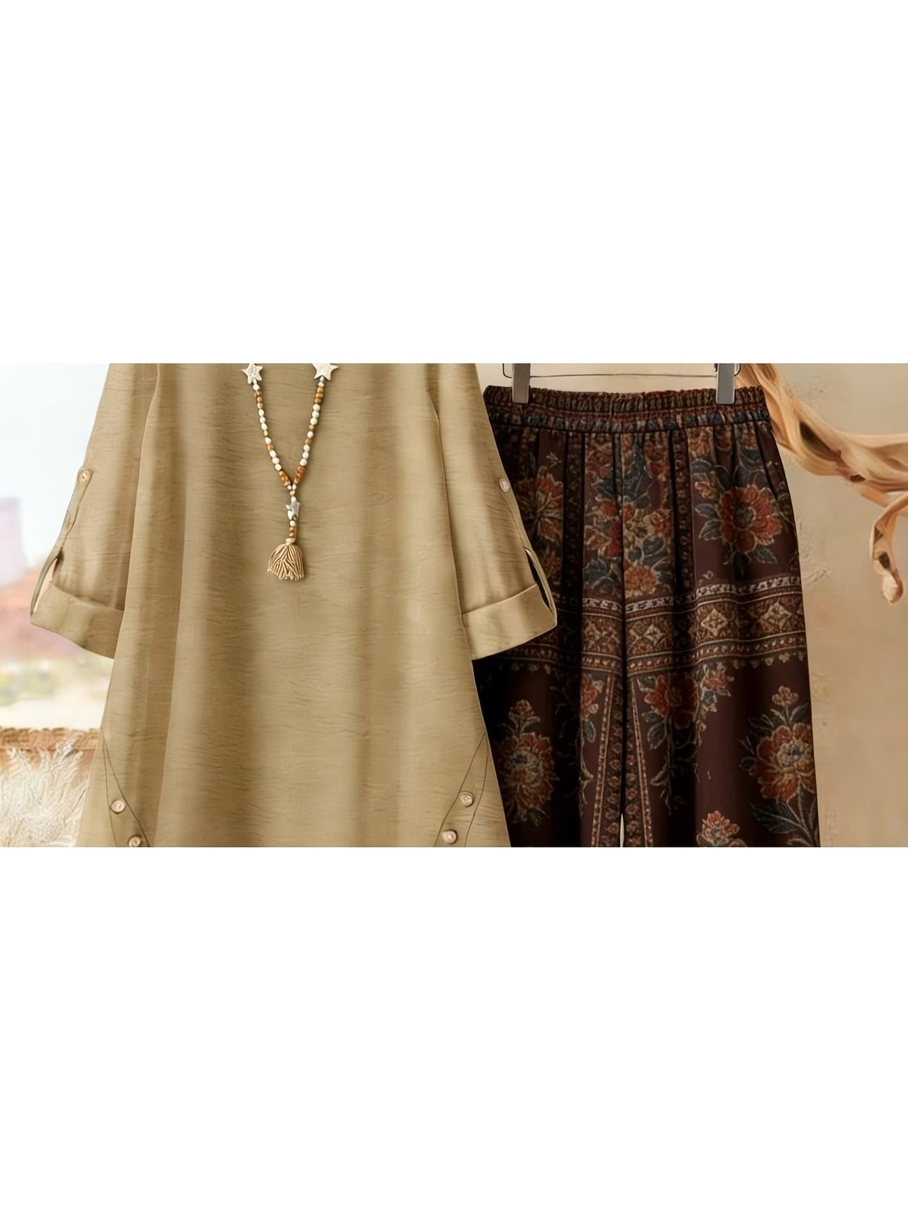Plus Size Retro Print Two-Piece Set – Casual Long Sleeve Top & Comfortable Pants Outfit for Women