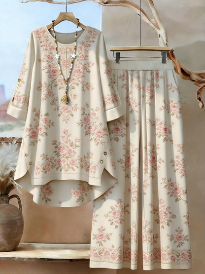 Plus Size Retro Printed Two-Piece Set – Casual Long Sleeve Top & Comfortable Pants Outfit for Women