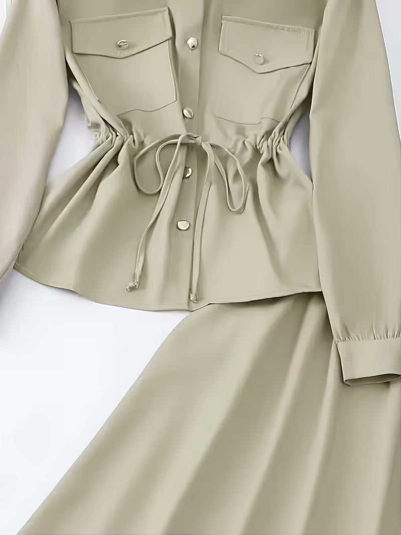 Women's Drawstring Waist Collared Top & Elastic Waist Skirt Two-Piece Set