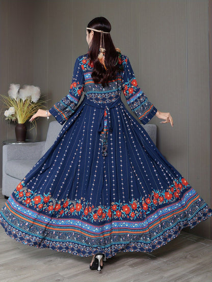 Women's Bohemian Ethnic Print Maxi Dress with Flowing Hem
