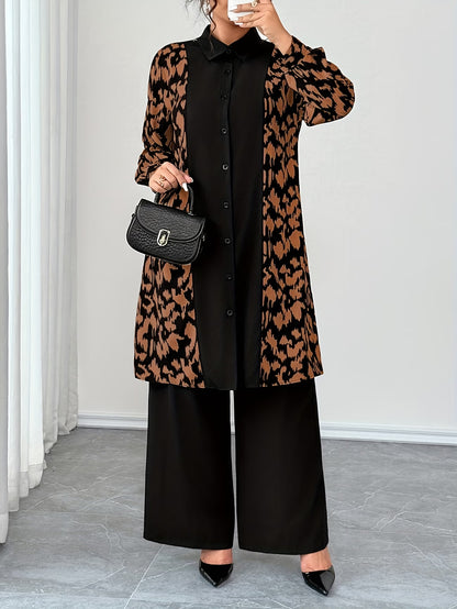 Women's Elegant Patchwork Cardigan, Mid-Length Shirt & Straight-Leg Trousers Set