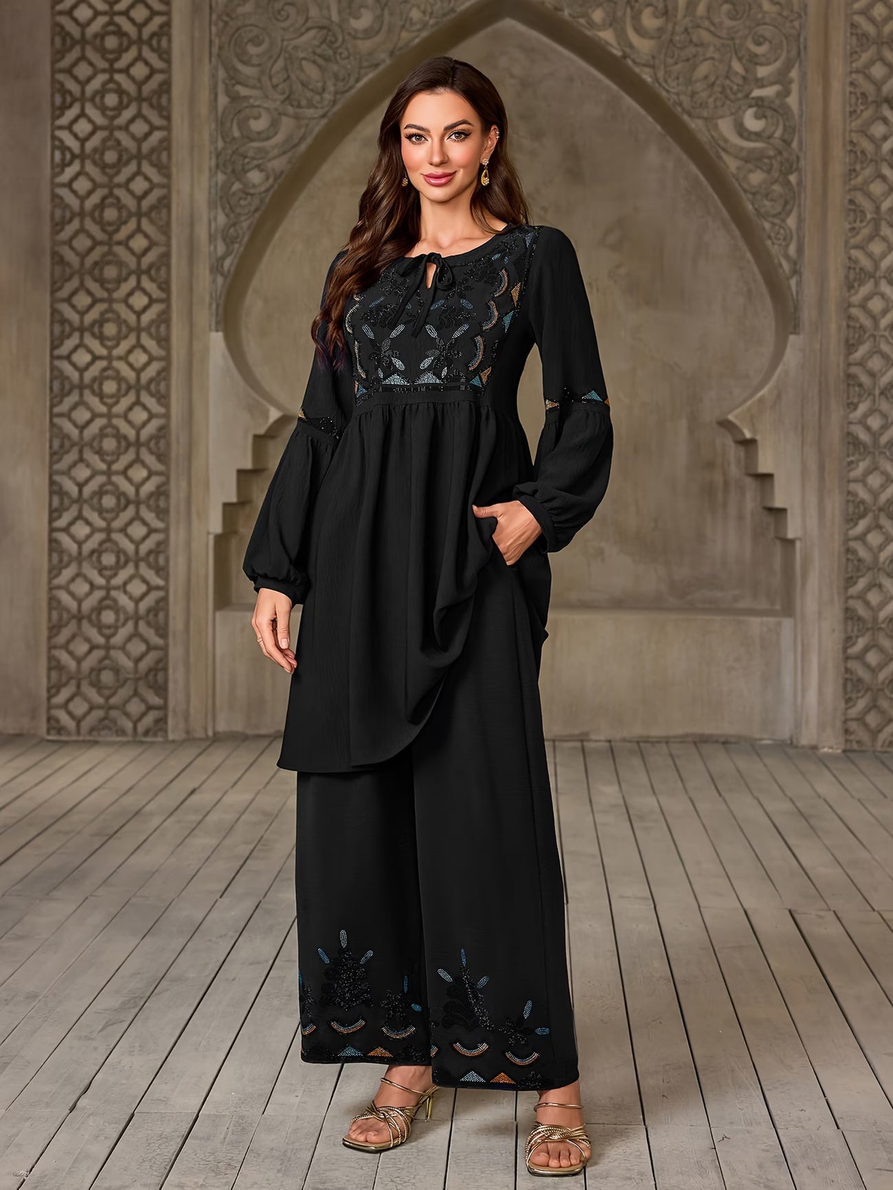 Women's Elegant Rhinestone Detail Long Sleeve Top & Wide-Leg Pants Set