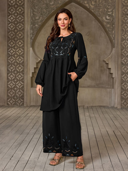 Women's Elegant Rhinestone Detail Long Sleeve Top & Wide-Leg Pants Set