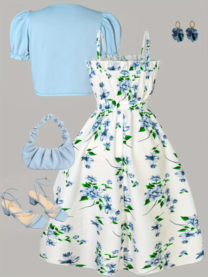 Girls Floral Dress & Cardigan 2-Piece Set