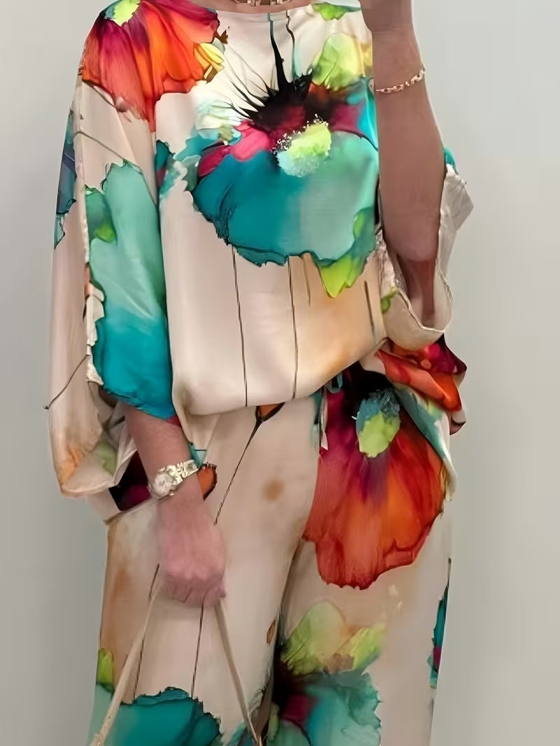 Women’s Plus-Size Casual 2-Piece Set – Off-Shoulder Batwing Top & Printed Pants