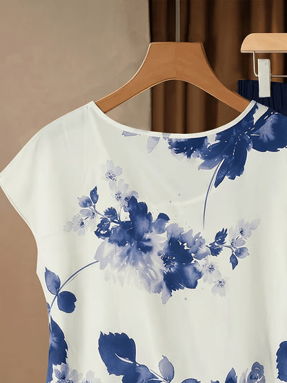 Women's Floral Print Tie-Front Shirt & Wide-Leg Pants Two-Piece Set