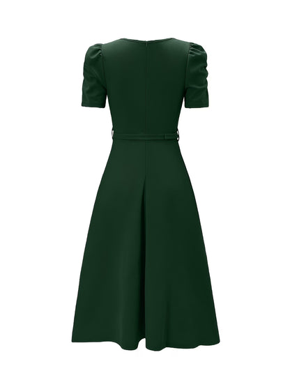 Women's Elegant V-Neck Ruffle Midi Dress with Waist Belt