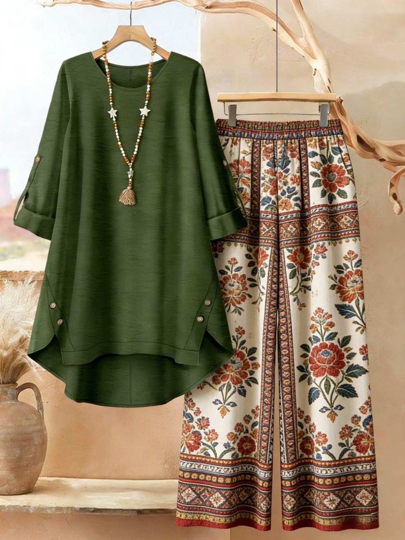 Plus Size Retro Print Two-Piece Set – Casual Long Sleeve Top & Comfortable Pants Outfit for Women