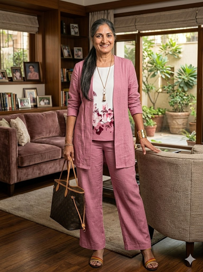 Floral Embroidered 3 Piece Linen Co-ord Set for Women — Jacket Vest and Wide Leg Pants