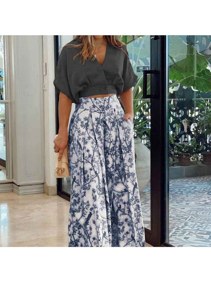 Elegant Printed Wide-Leg Pants Set – V-Neck Shirt Top Stylish Women’s Spring Casual Outfit