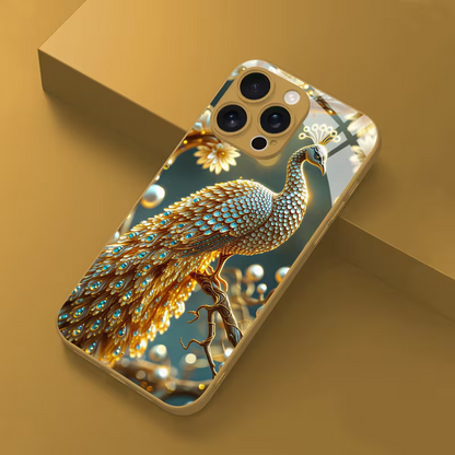 Luxury Golden Peacock Feather Glass Case for iPhone 📱✨