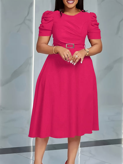 Women's Elegant V-Neck Ruffle Midi Dress with Waist Belt
