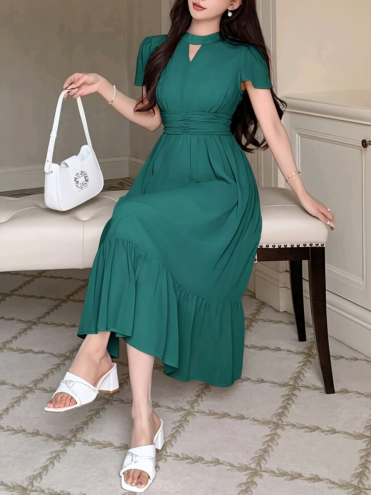 Women's Elegant Pleated Waist Ruffle Hem Maxi Dress