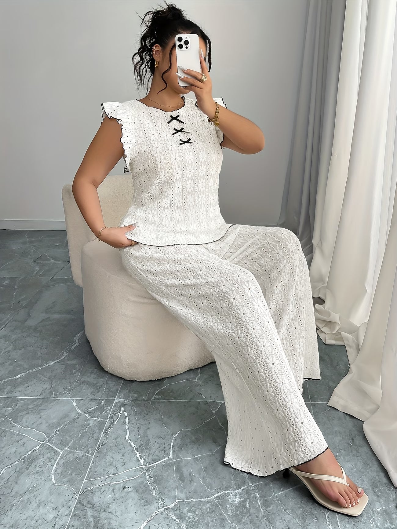 women Round Neck Mushroom Sleeve Top & Straight Pants