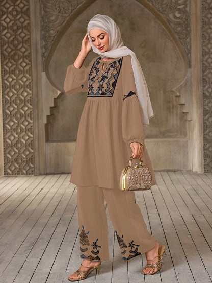 Women's Elegant Rhinestone Detail Long Sleeve Top & Wide-Leg Pants Set