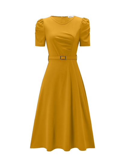 Women's Elegant V-Neck Ruffle Midi Dress with Waist Belt