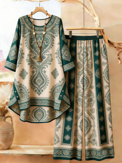 Plus Size Bohemian Printed Co-Ord Set – V-Neck Casual Tunic & Pants Outfit