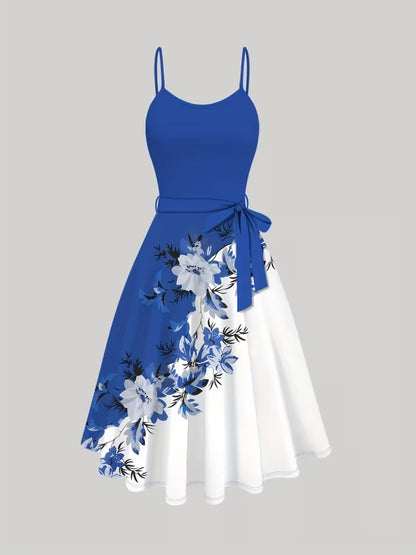 Elegant 2-Piece Women’s Outfit | Blue Cardigan Jacket with Floral Suspender Dress Set