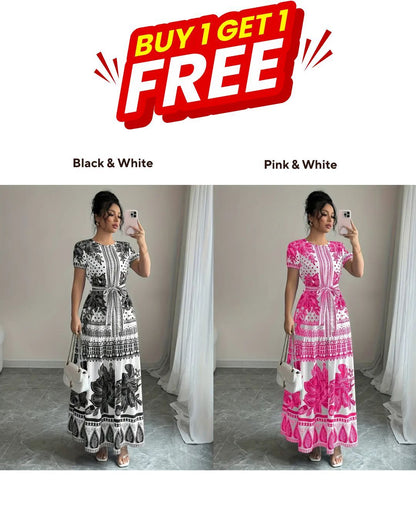 Pack of 2 – Vibrant Floral Maxi Dresses for Women – Tie Front, Flowy Summer Fit, Crew Neck