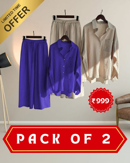 Pack of 2 Fashionable Women’s High‑Waist Cotton Shirt & Slacks Set 3.0